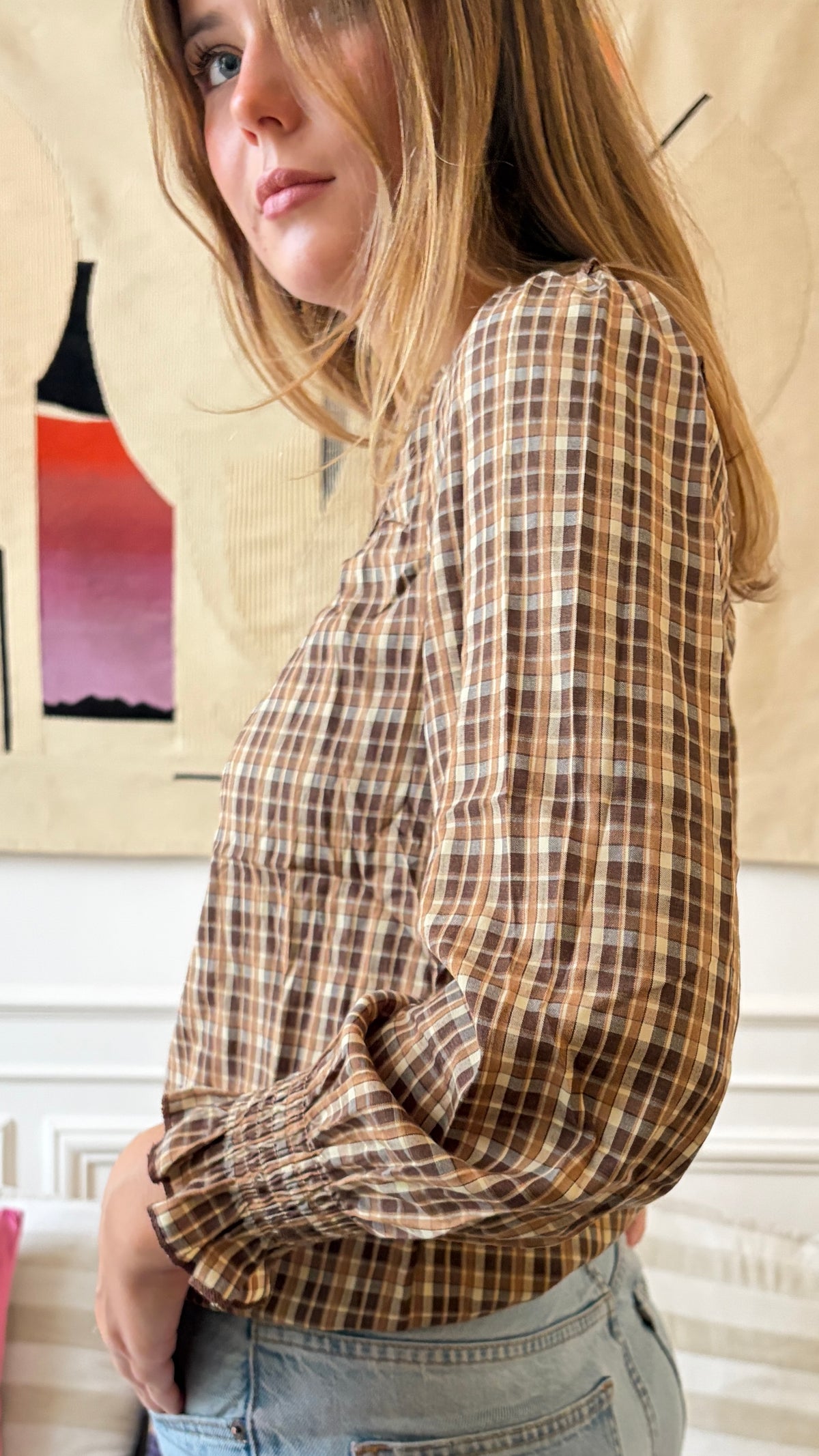 Blouse à carreaux col volanté