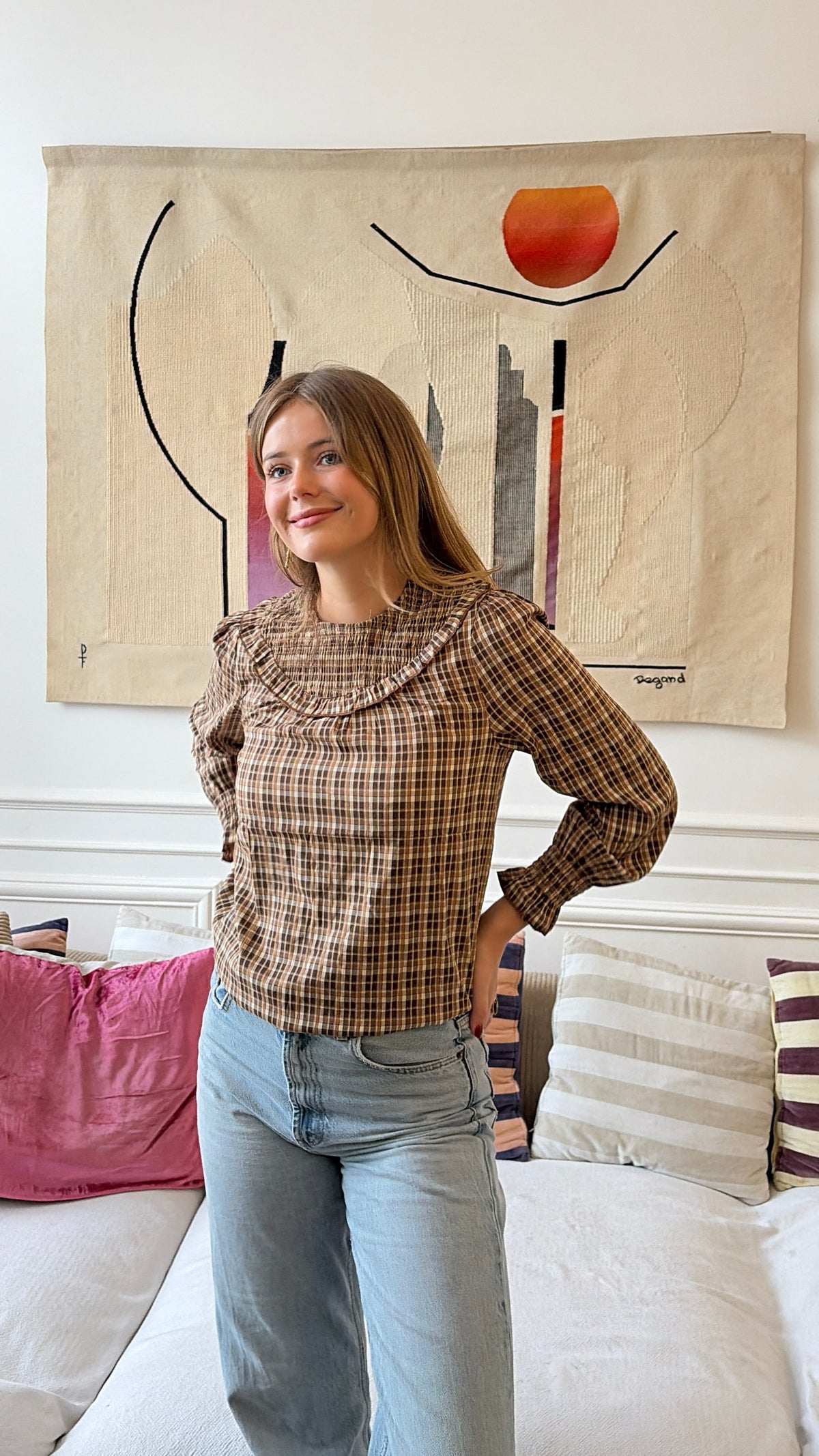 Blouse à carreaux col volanté